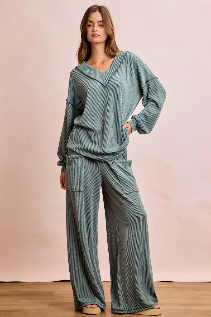 women's bibi two tone cord rib contrast stitching v-neck top and pants set - product detail