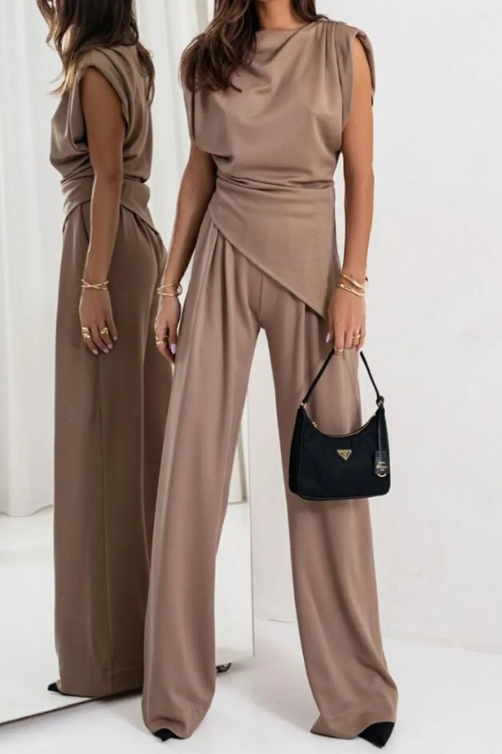 Round Neck Top and Pants Set Khaki