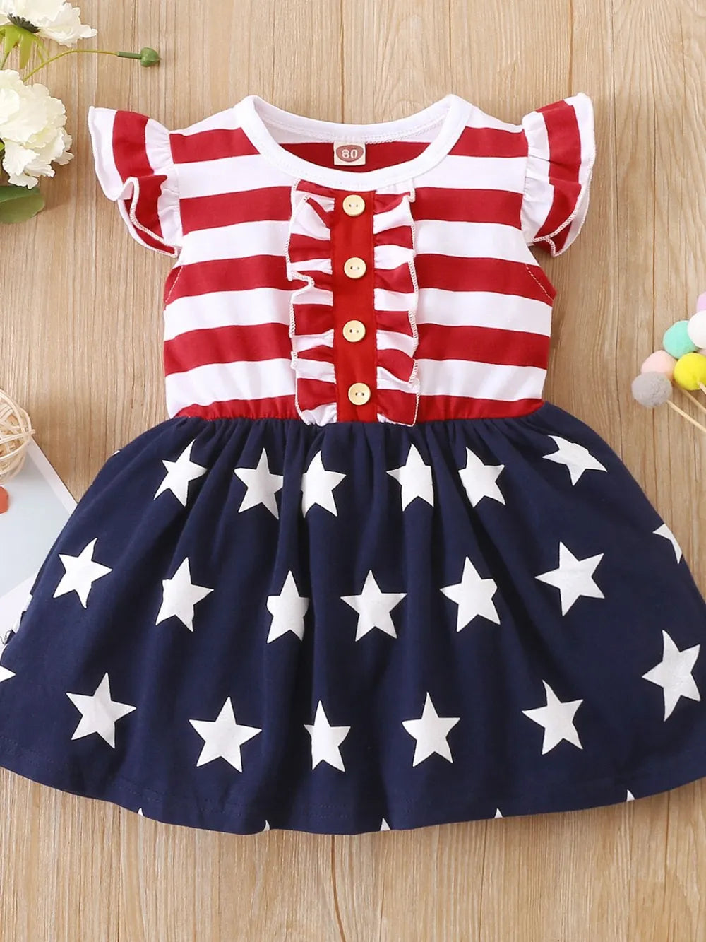striped & stars ruffled round neck cap sleeve dress — stylish clothing for kids