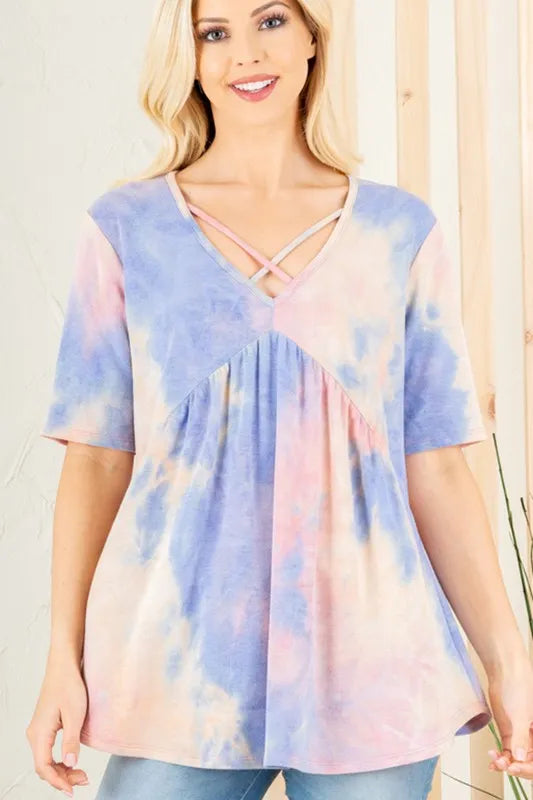Heimish Full Size Crisscross Tie Dye Babydoll Top Plus Size Blue Pink