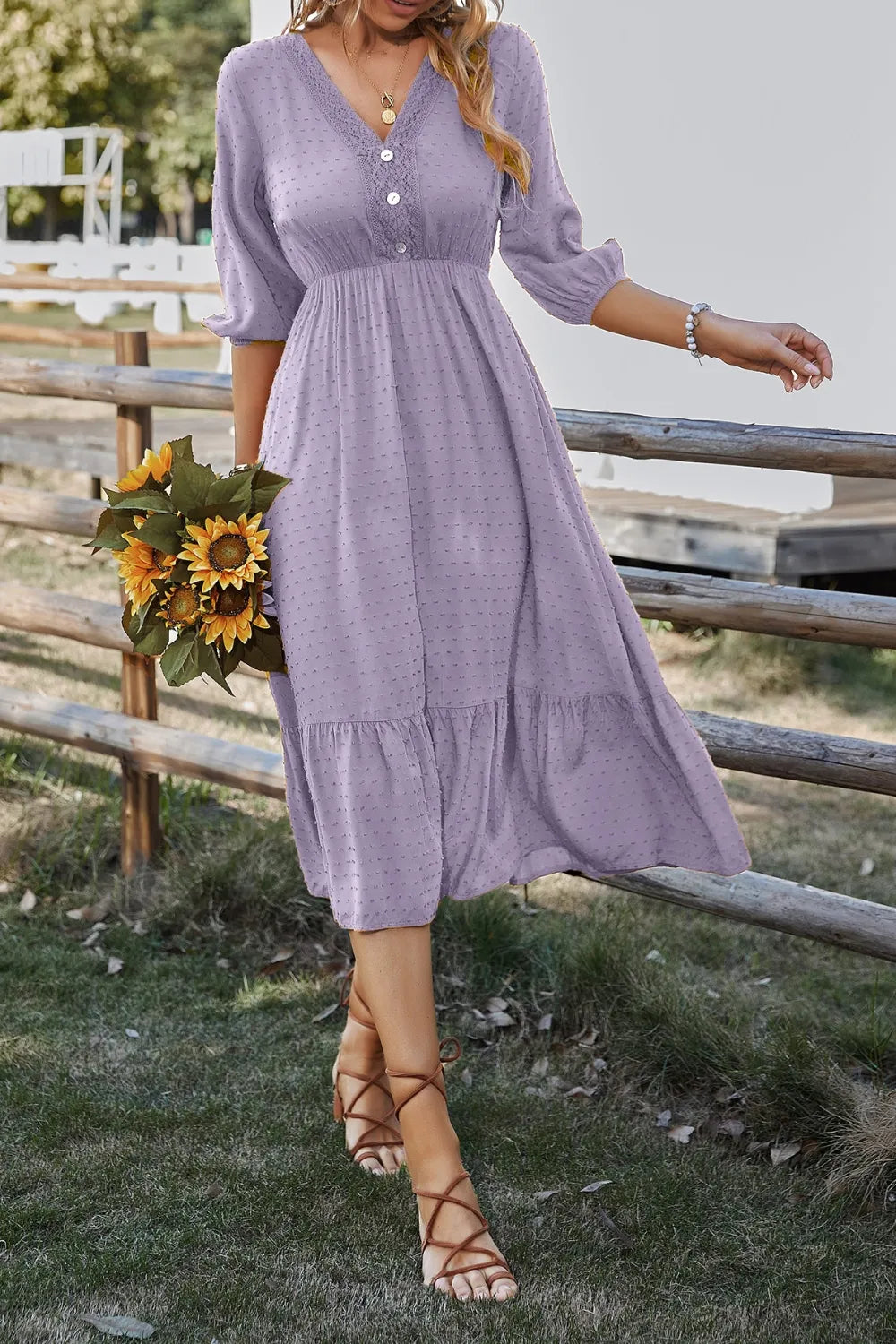 Devine Lace Detail V-Neck Midi Dress
