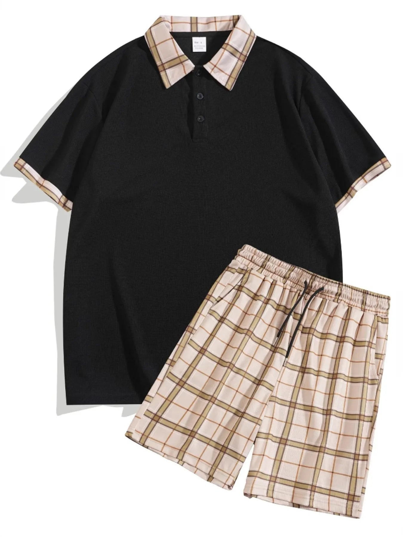 men's men's full size classic plaid collar polo and shorts set plus size - additional image