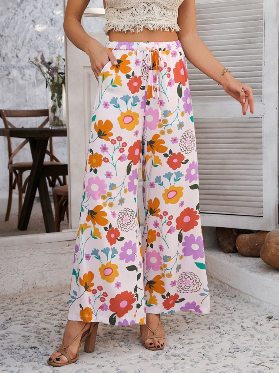 Devine Drawstring Printed Wide Leg Pants