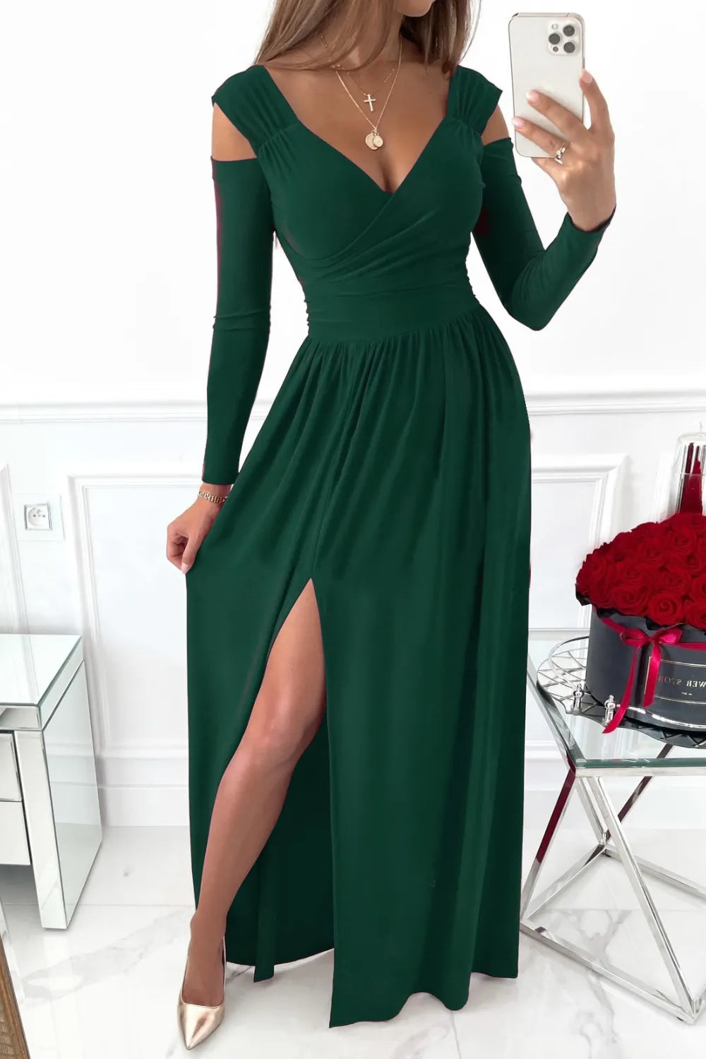 Slit Surplice Long Sleeve Maxi Dress Dark Green