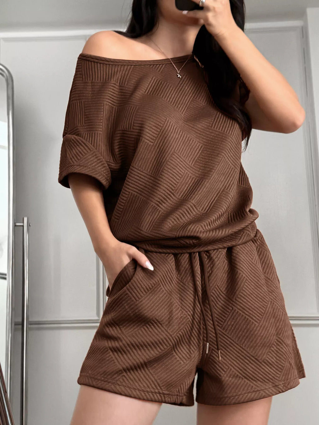 women's textured knit round neck top and shorts set - lifestyle shot