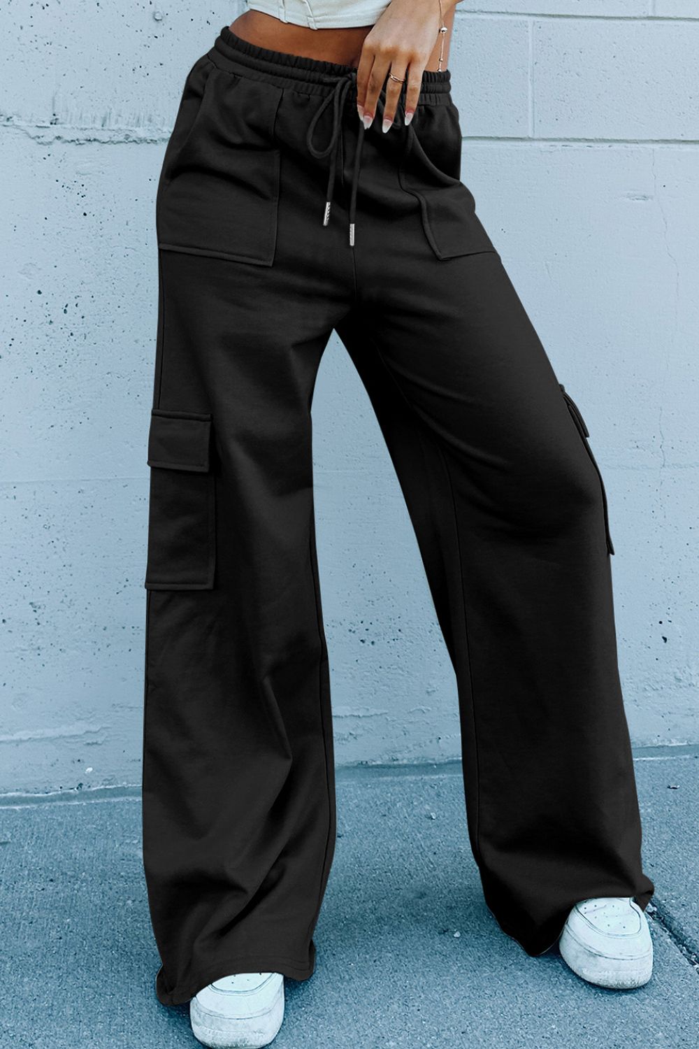 Multi Pockets High Waist Wide Leg Workout Pants Black