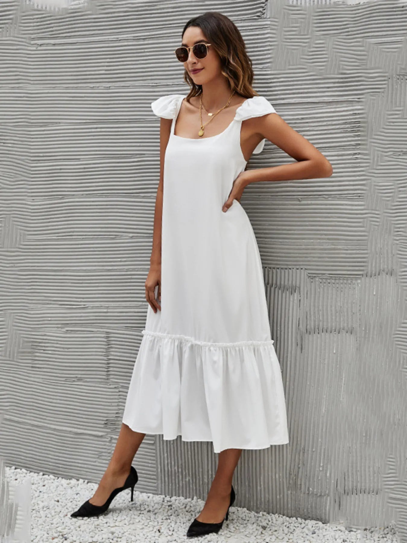 Full Size Ruffled Hem Midi Dress with Cap Sleeves Plus Size