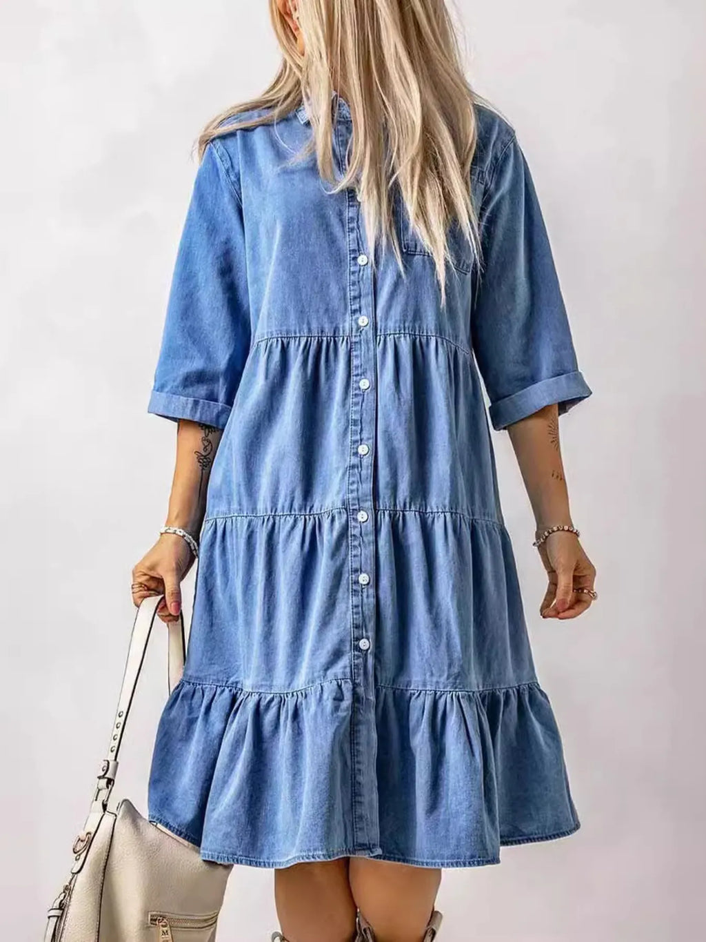 Full Size Ruffled Hem Button Up Denim Midi Dress Plus Size