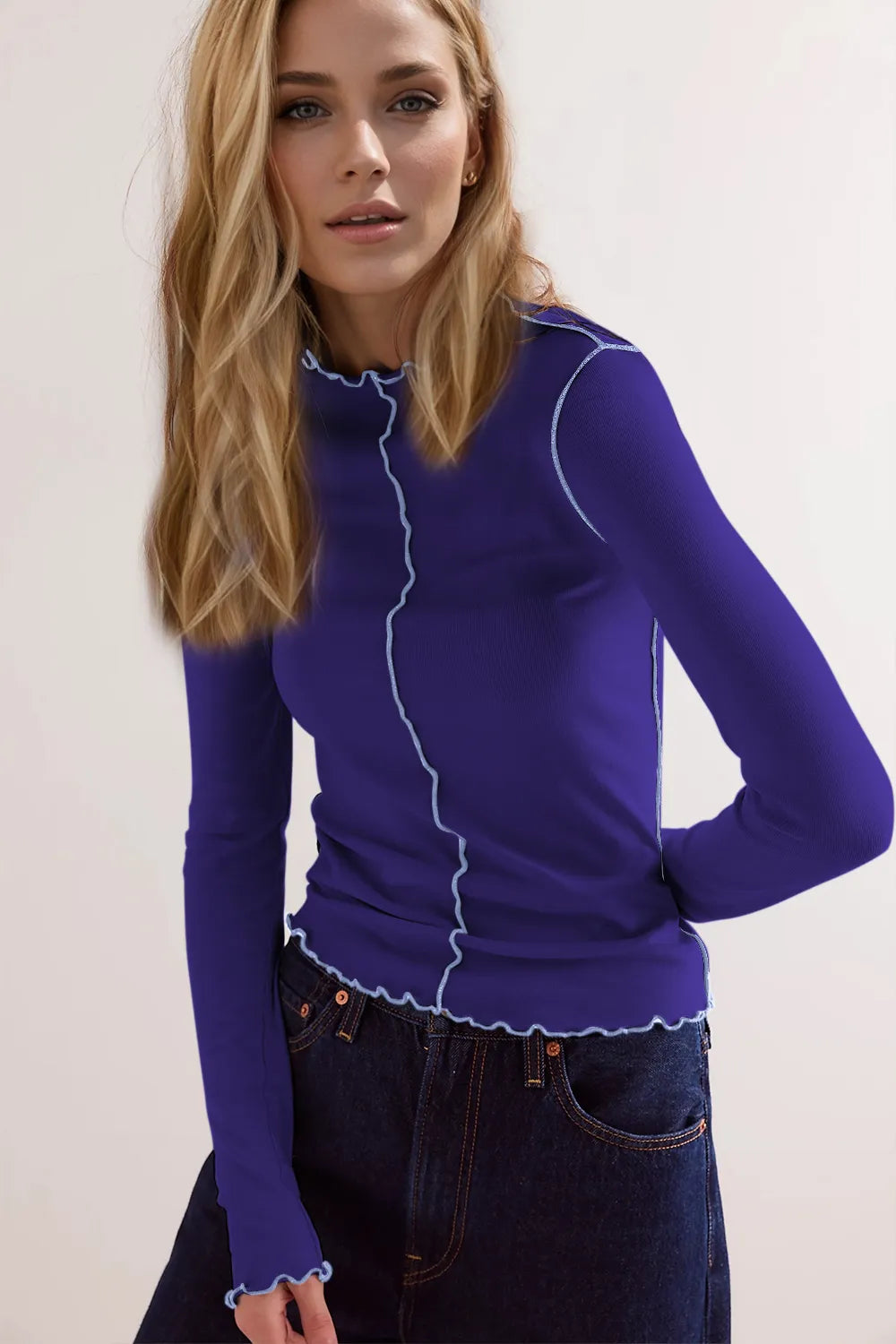 Basic Bae Contrast Trim Mock Neck Long Sleeve T-Shirt Indigo