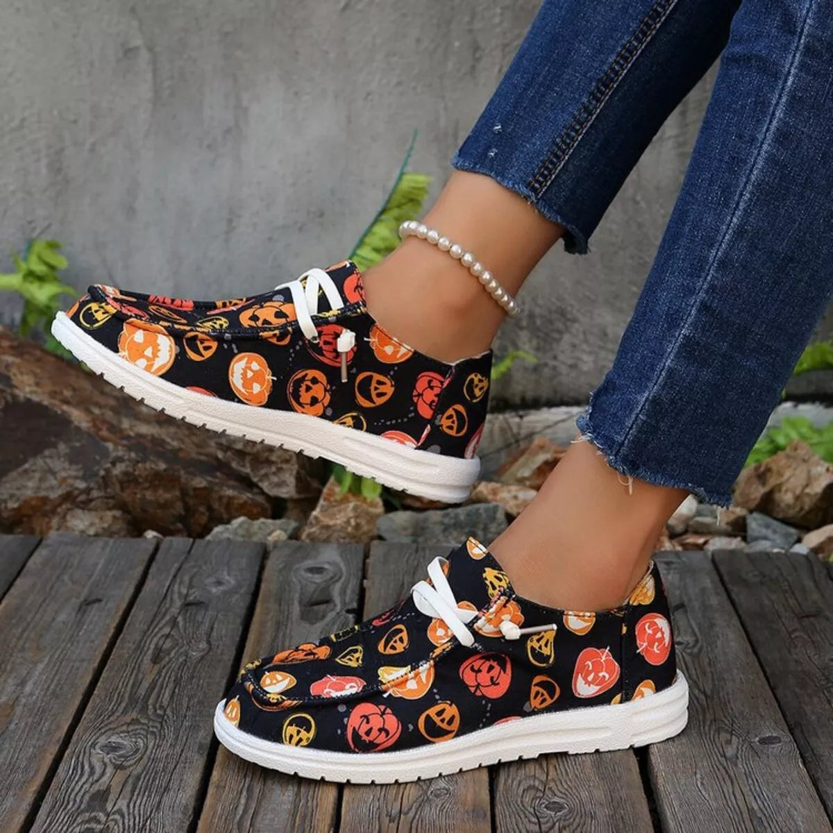 women's halloween pumpkin print round toe sneakers - lifestyle shot