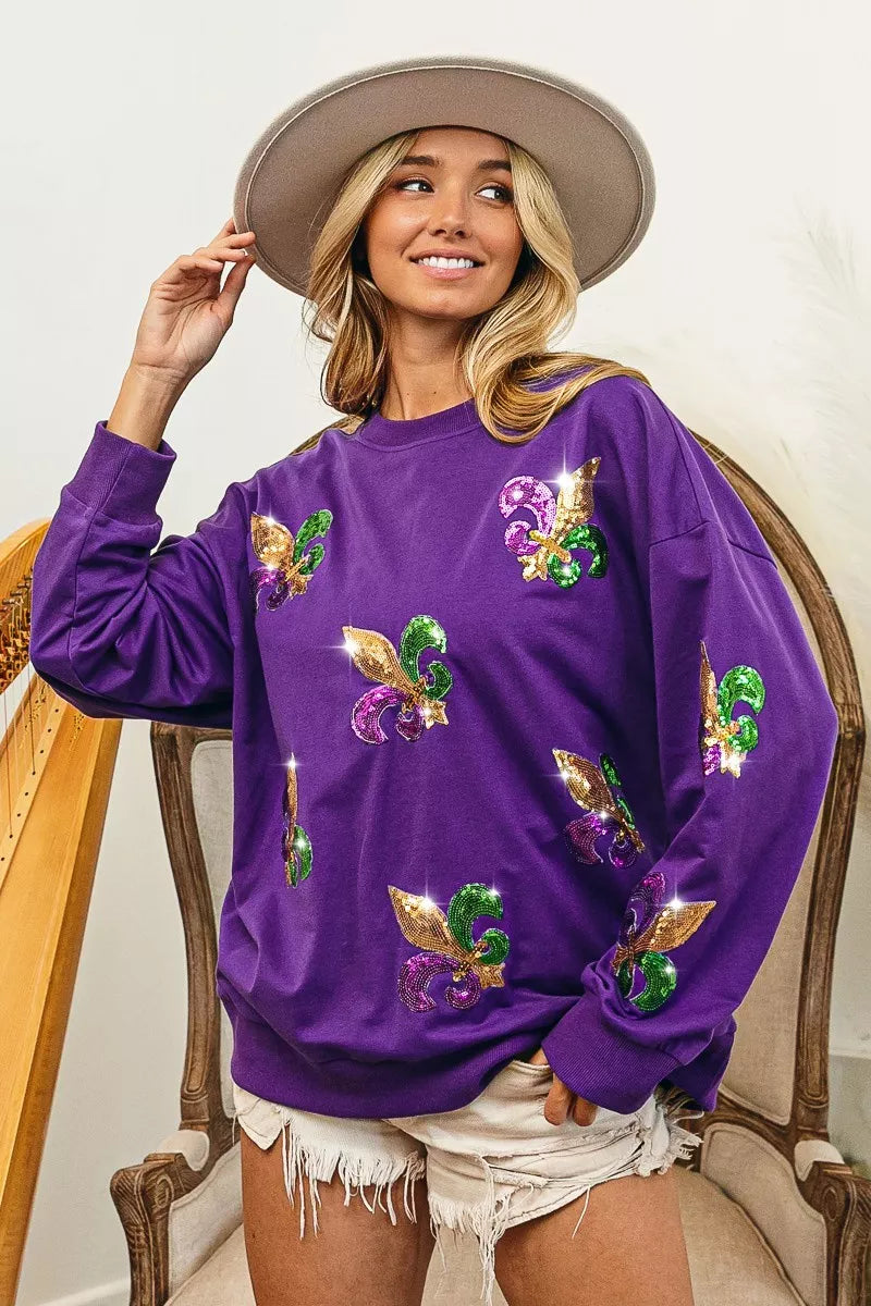 women's bibi fleur de lis sequin patches mardi gras sweatshirt - extra view