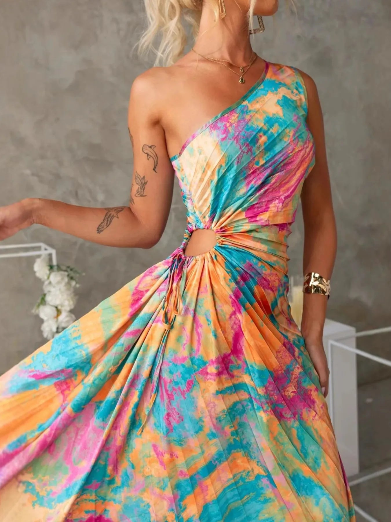 Printed One Shoulder Asymmetrical Maxi Dress Color