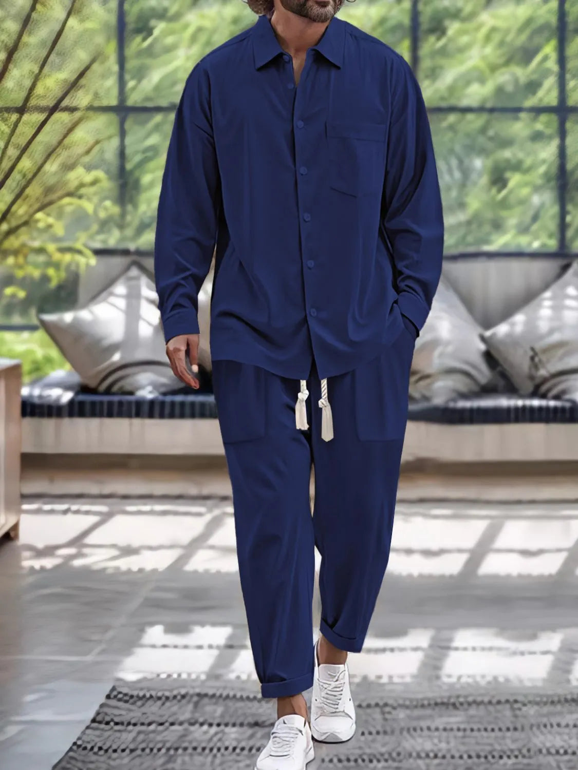 men's men's button down long sleeve shirt and pants set - second view