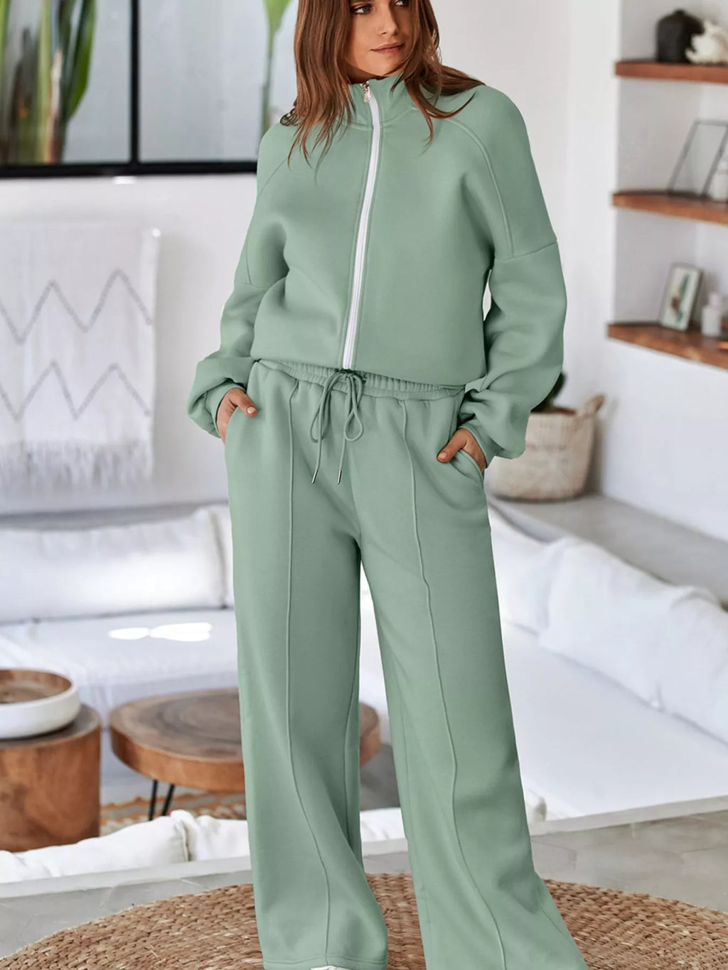women's drop shoulder zip up jacket and drawstring pants active 2pcs set - styling option