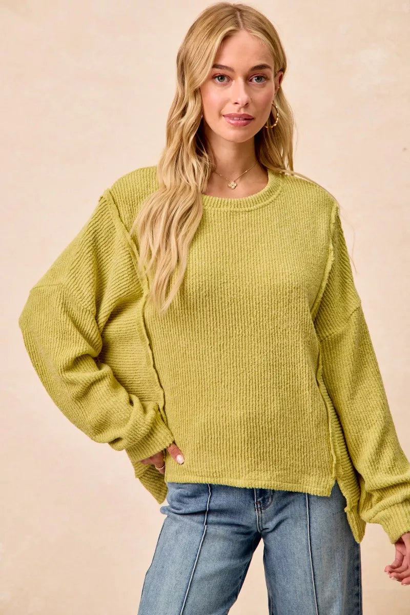 women's bibi boucle rib knit uneven hem sweater with open seam - additional image