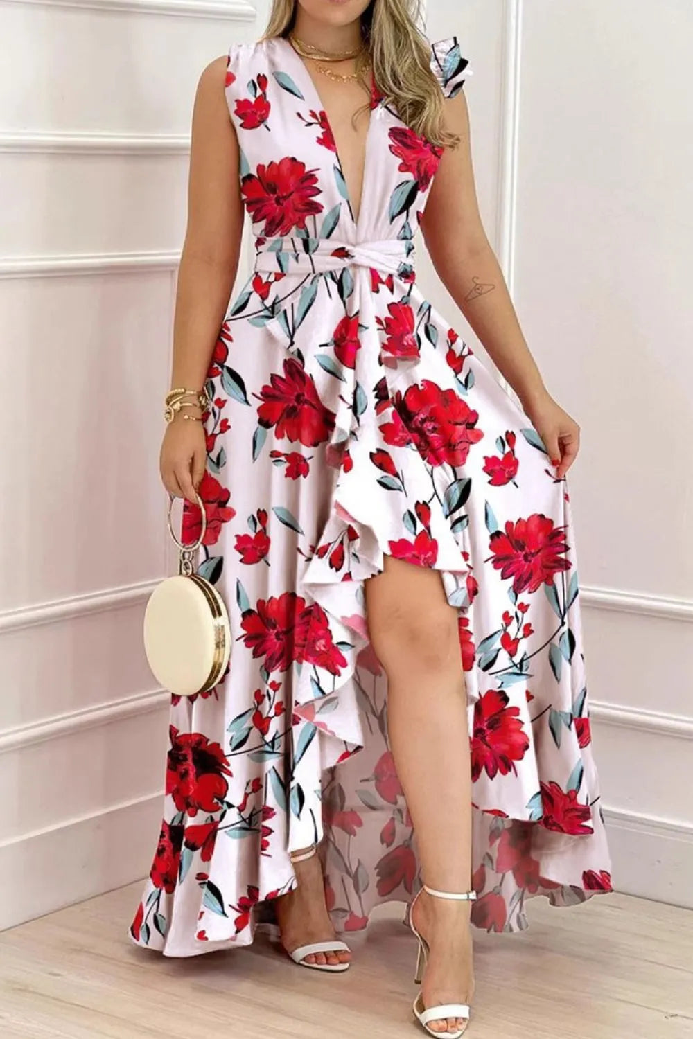 ruffled plunge sleeveless maxi dress shown as women’s dress