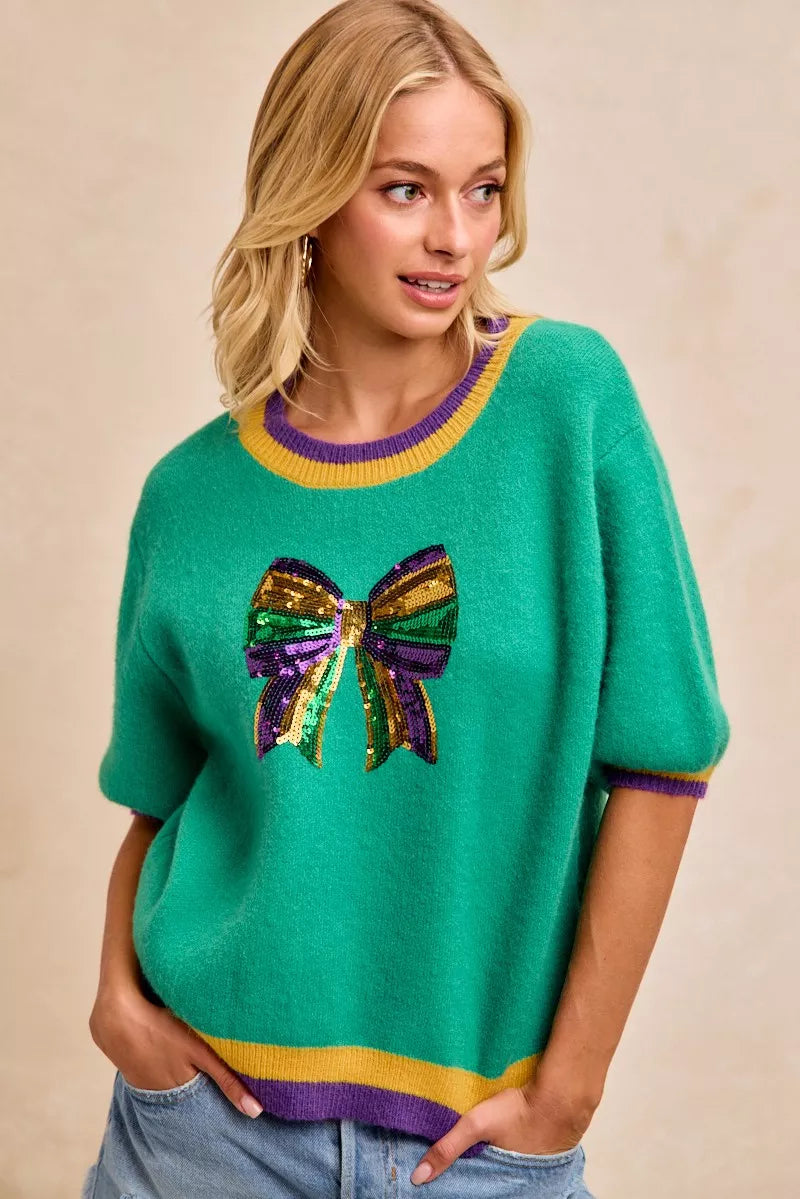 women's bibi mardi gras sequin ribbon patched sweater - additional image