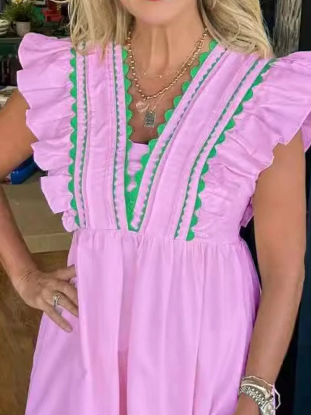 Full Size Contrast Trim Ruffled Cap Sleeve Dress Plus Size