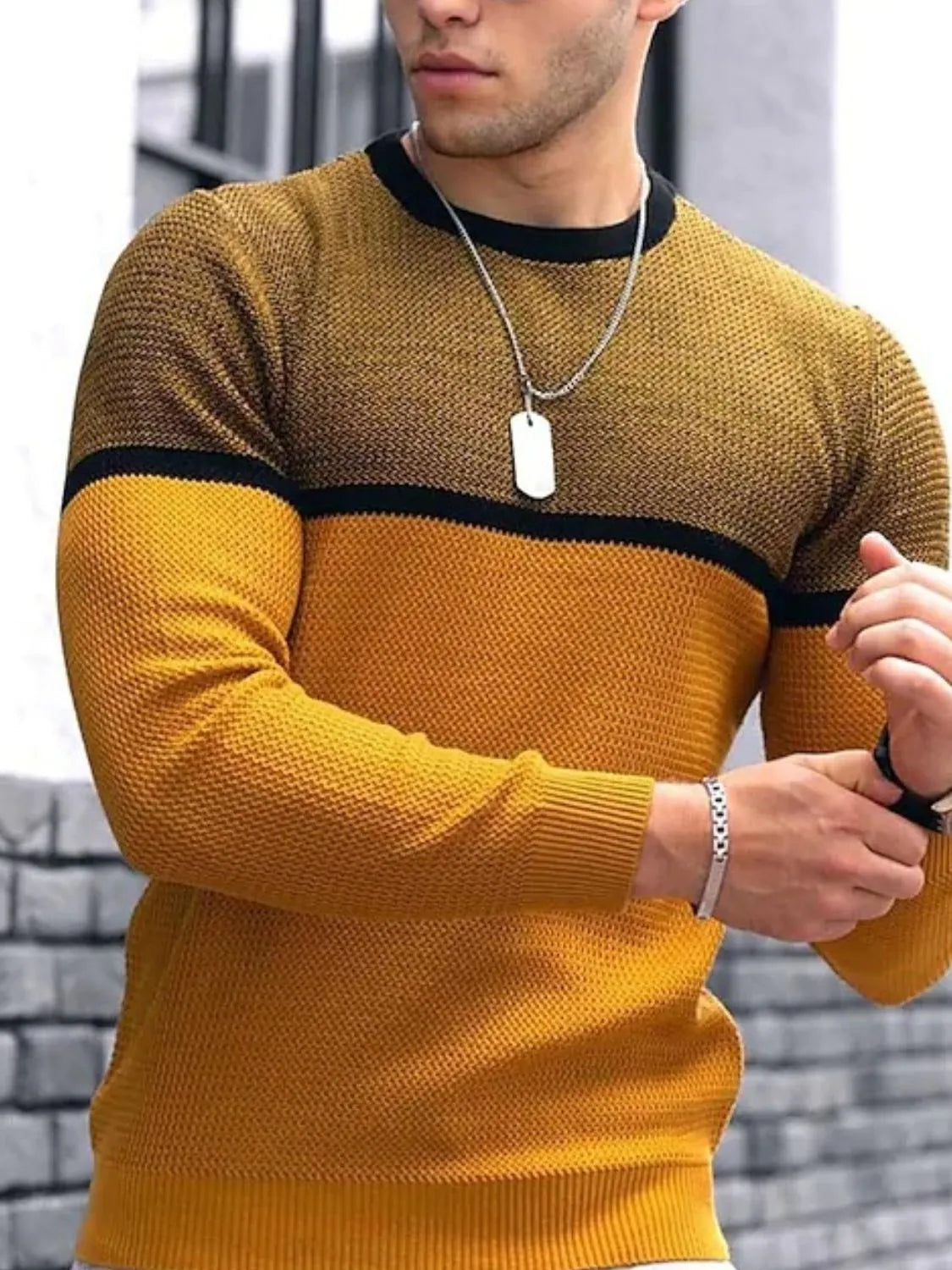 Men's Full Size Contrast Round Neck Long Sleeve T-Shirt Tangerine