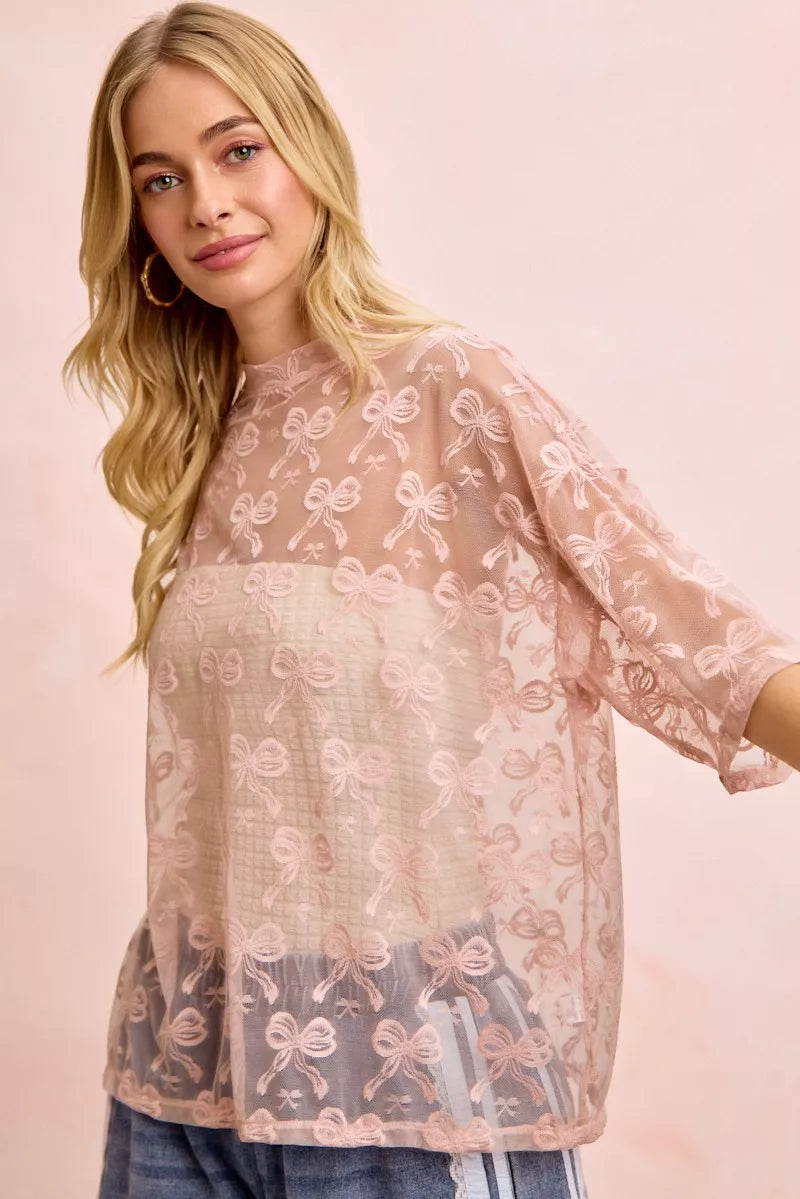 women's bibi bow pattern short sleeves boxy mesh top - styling option