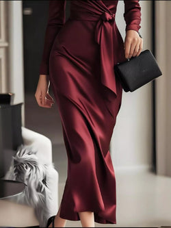 women's surplice satin long sleeve dress - back view