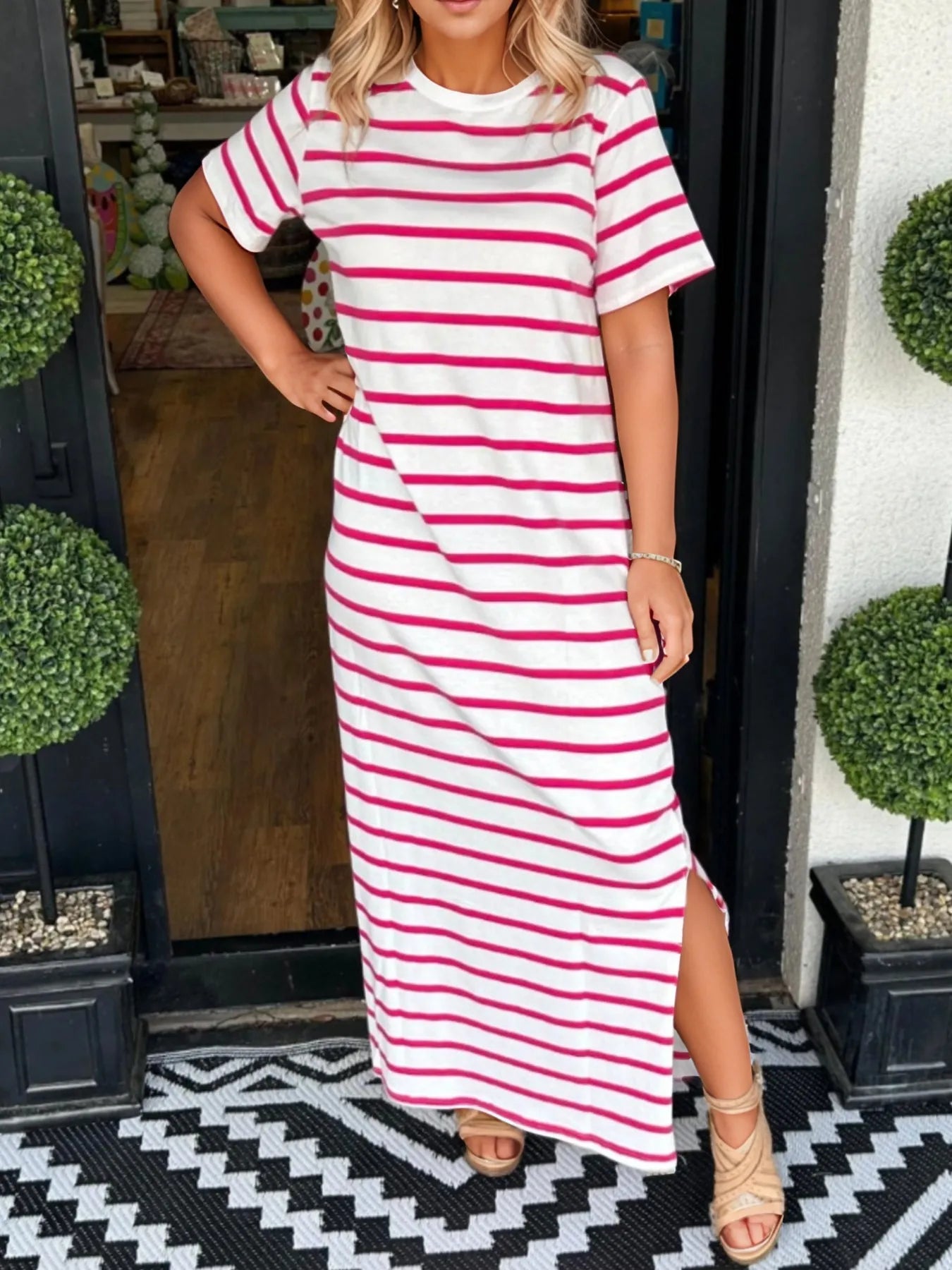 Full Size Striped T-Shirt Maxi Dress with Side Slit Plus Size Strawberry