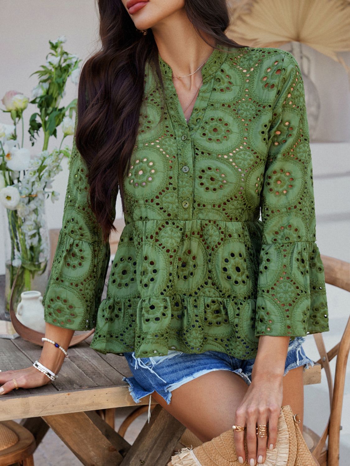 Devine Half Button Flounce Sleeve Peplum Blouse