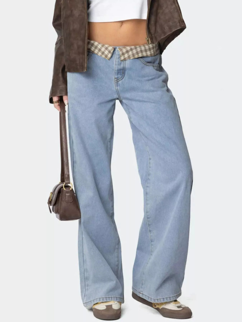 women's plaid trim wide leg jeans - styled view