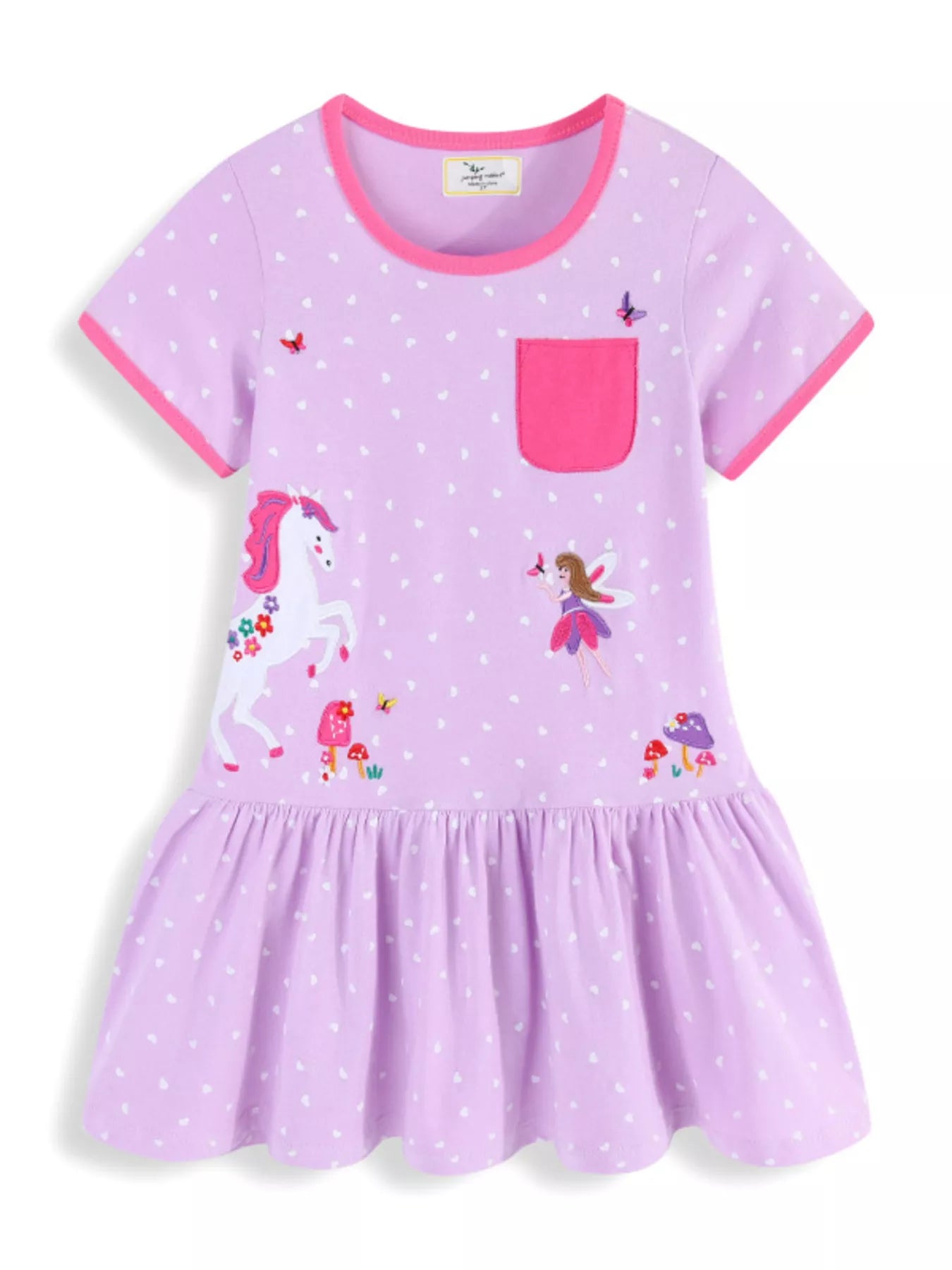 women's children's unicorn & fairy embroidered ruffle hem dress - side view