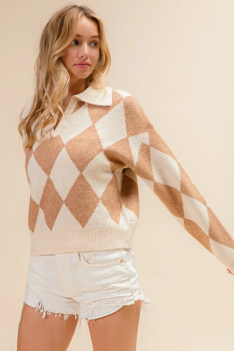 bibi diamond pattern collared notch neck sweater shown as women’s sweater