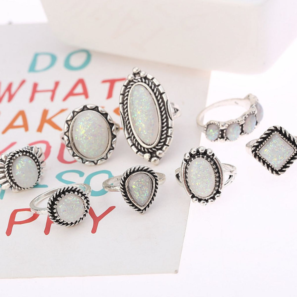Fashion ring set with opal accents and geometric designs in alloy finish