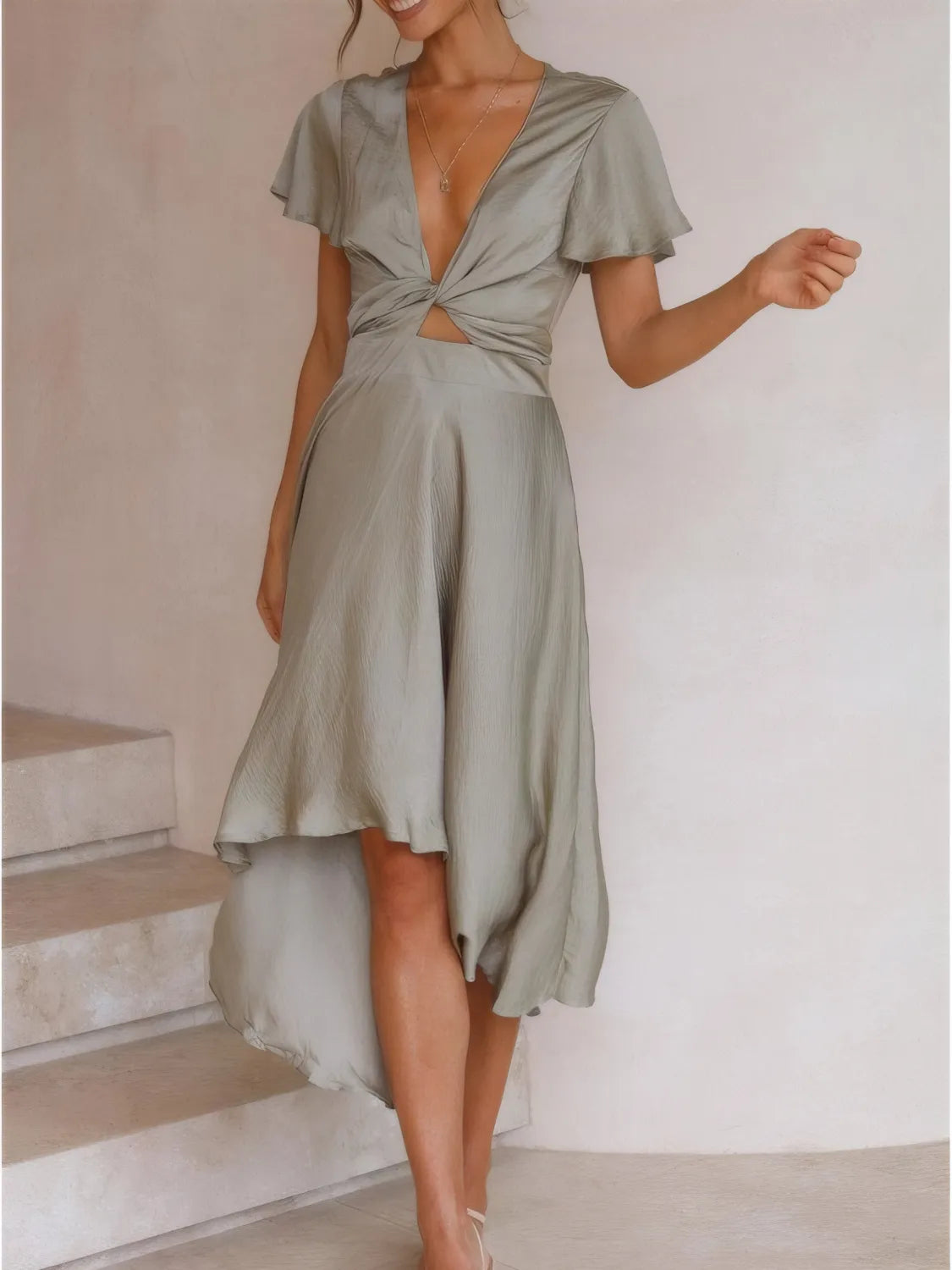High-Low Plunge Flutter Sleeve Dress Sage