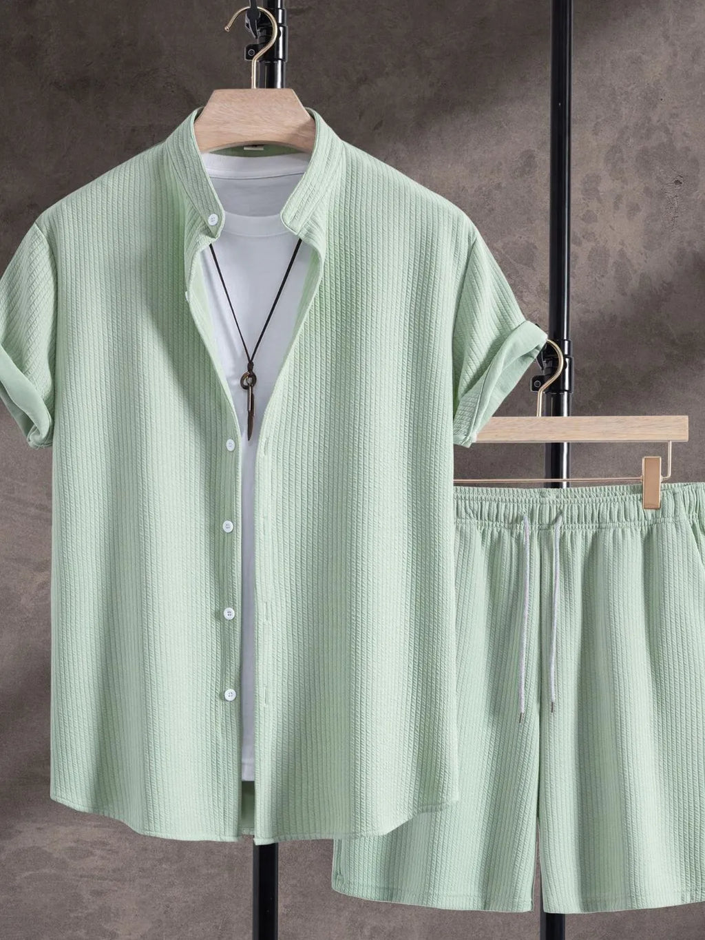 men's men's ribbed short sleeve shirt and shorts set - product showcase