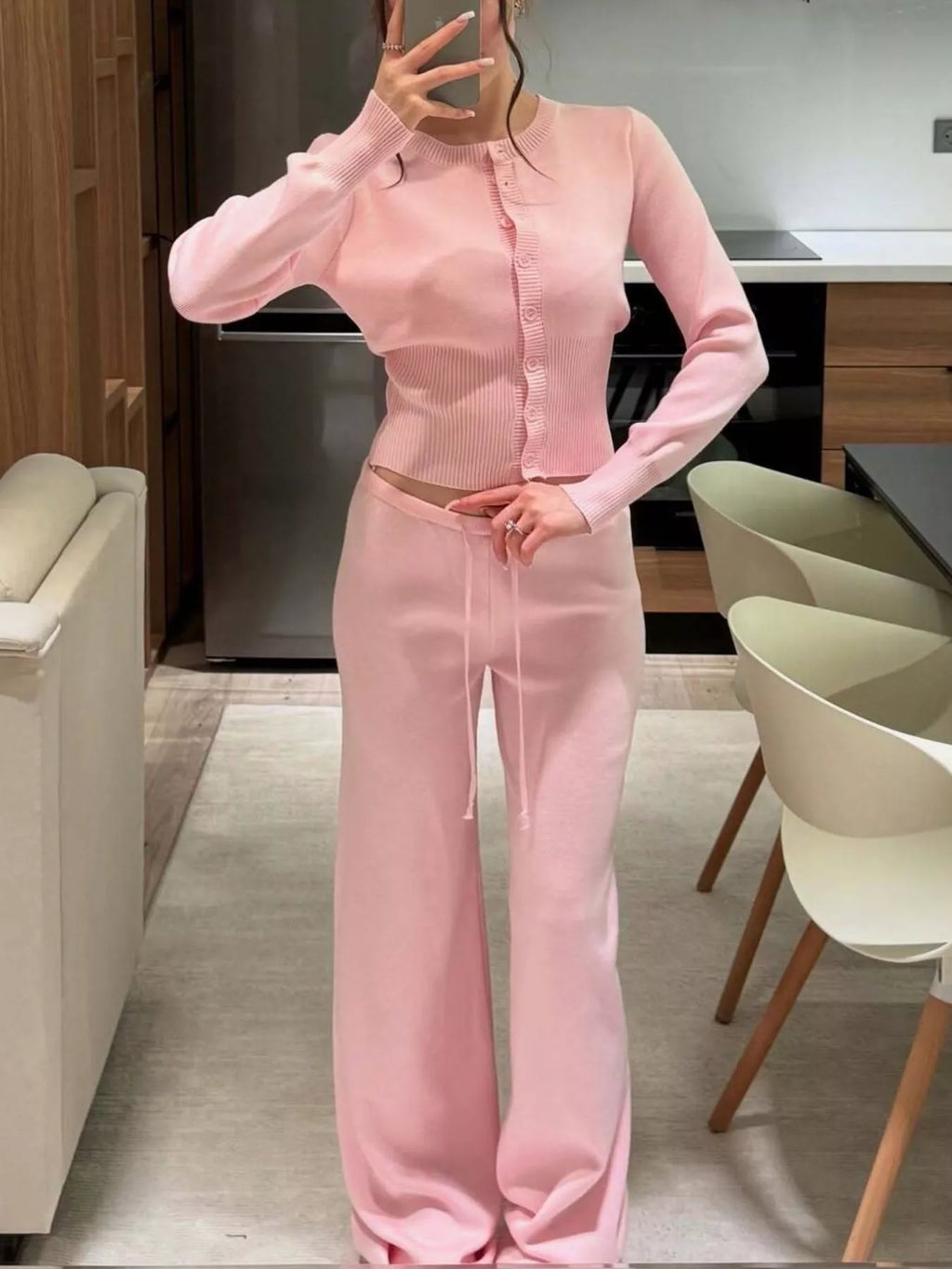 women's button up cardigan and pants knit set - product showcase