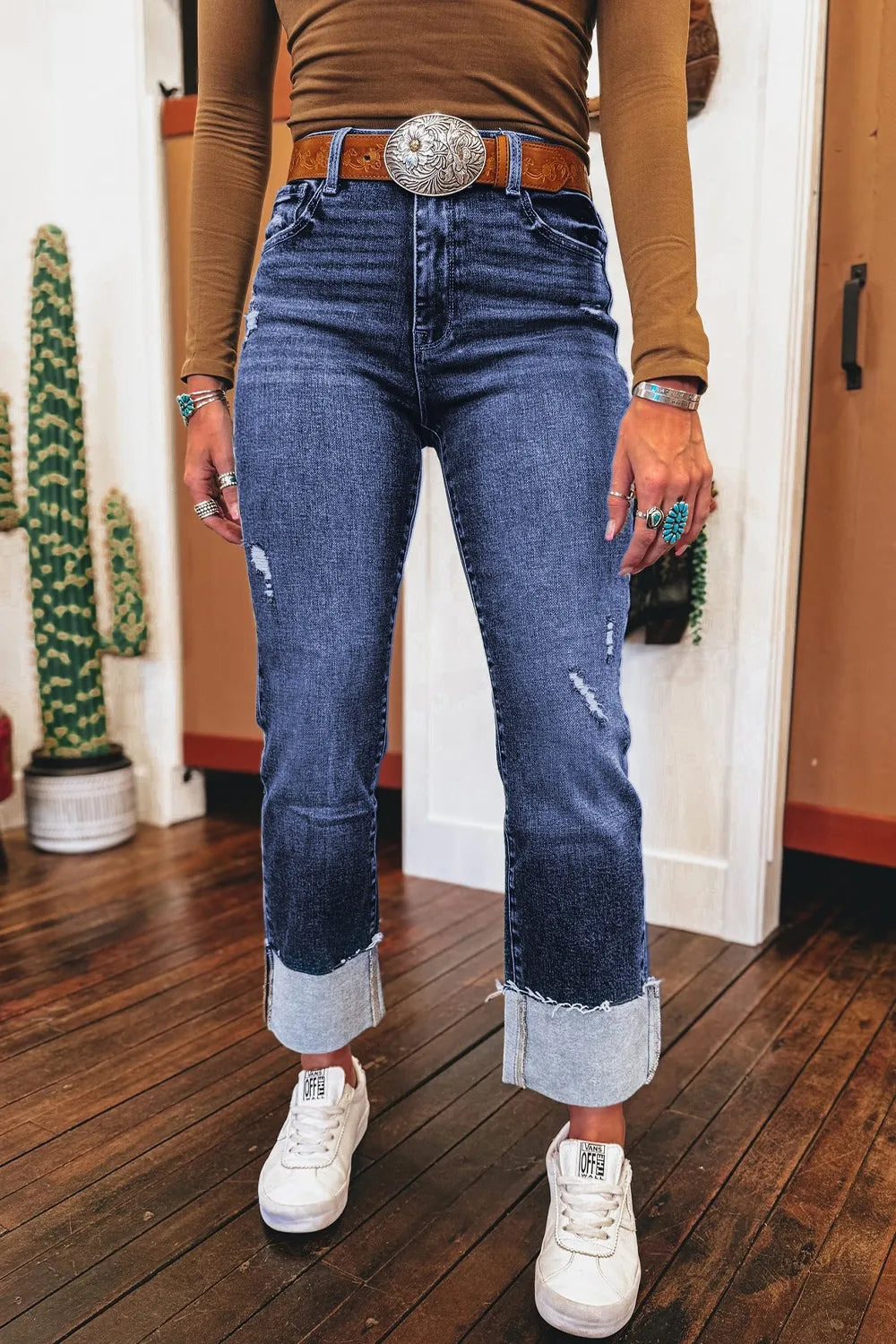 Folded Cuffs Distressed Straight High Waist Jeans Navy