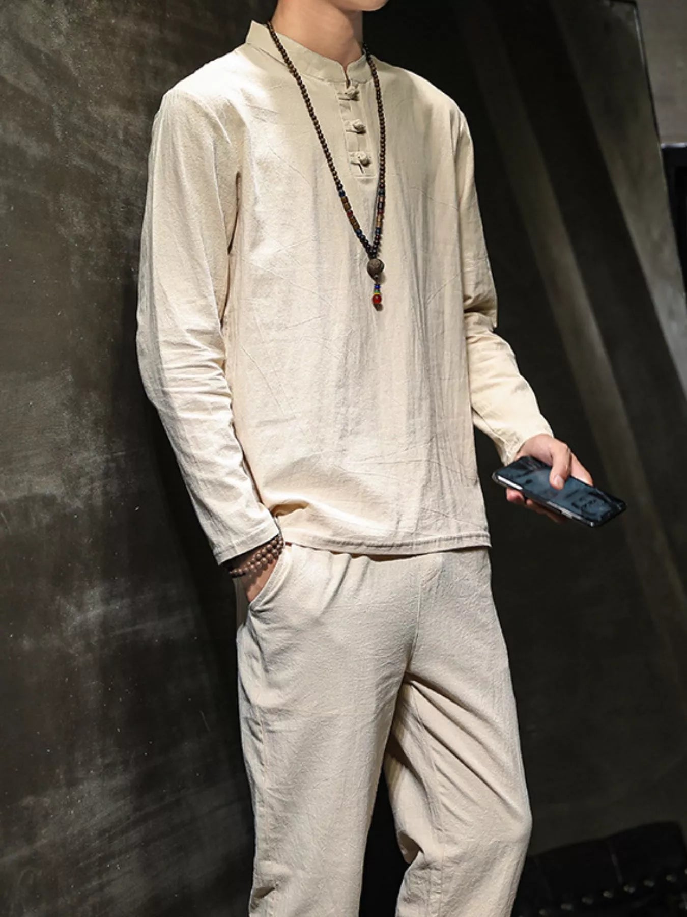 men's men's plus size button detail long sleeve top and pants set - front view