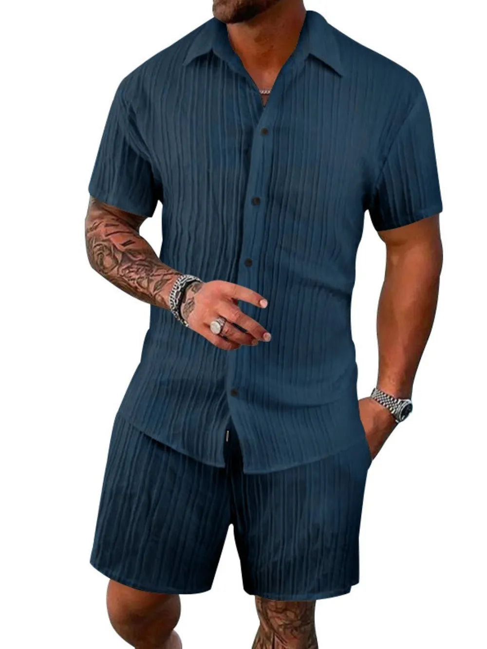mens dress short sets Pxiakgy Men'S Summer Breathable Two Piece Wrinkled Shirt Shorts Set Men'S Textured Beach Suit White + 3XL