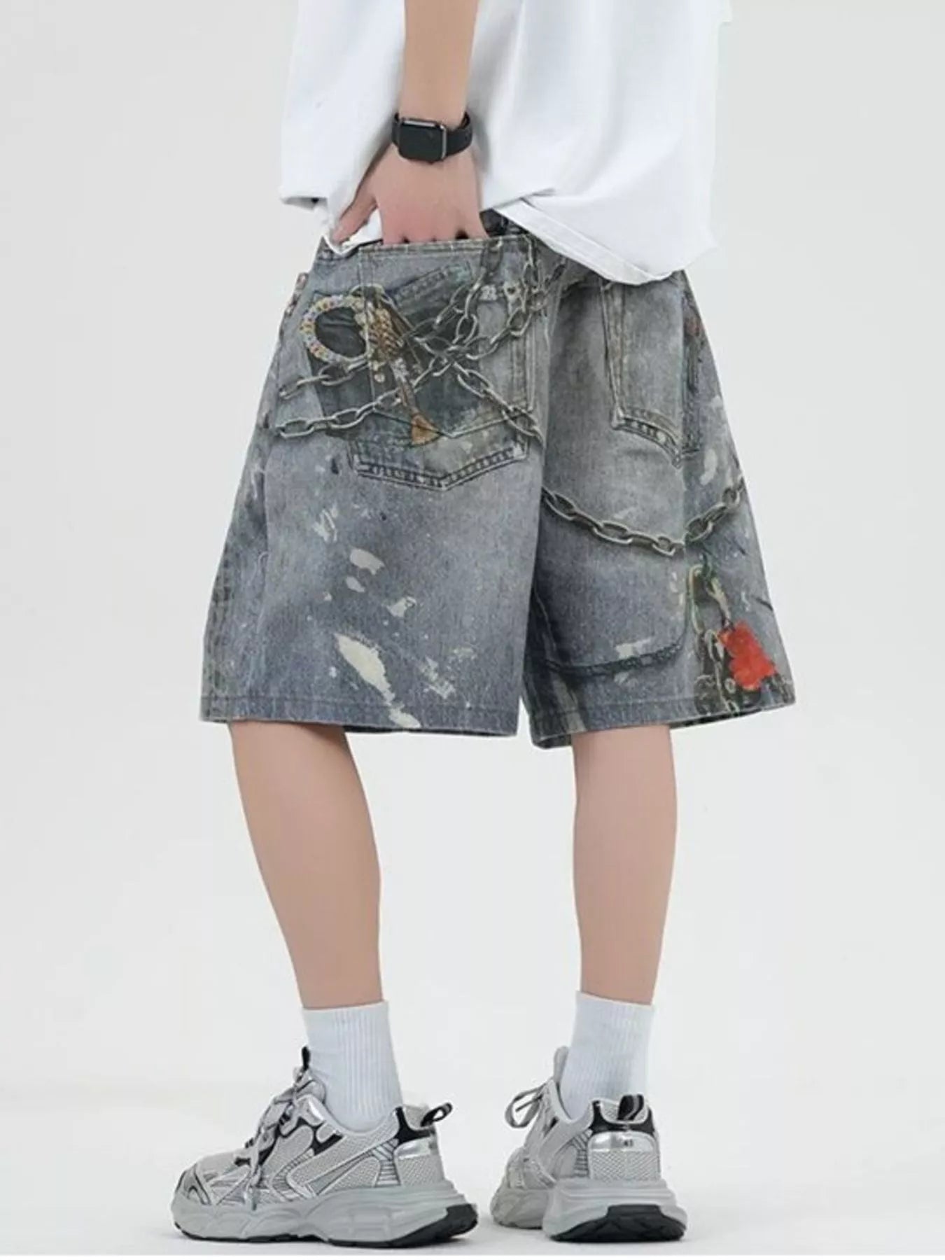 men's men's full size vintage chain print denim shorts plus size - lifestyle shot