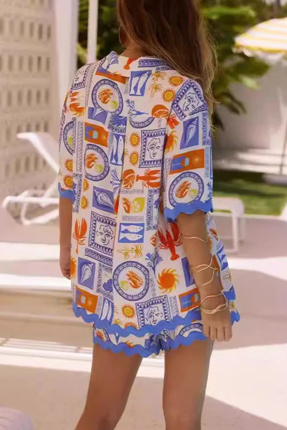 Bohemian Print Button Up Shirt and Shorts Set
