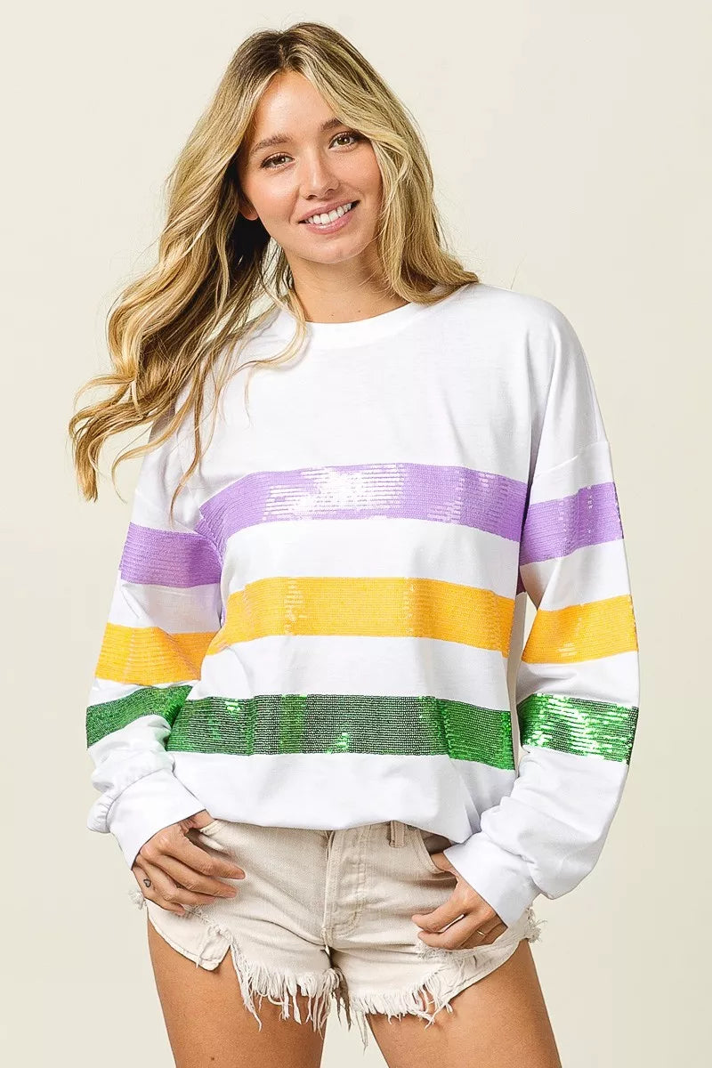 women's bibi sequin mardi gras striped round neck sweatshirt - front view