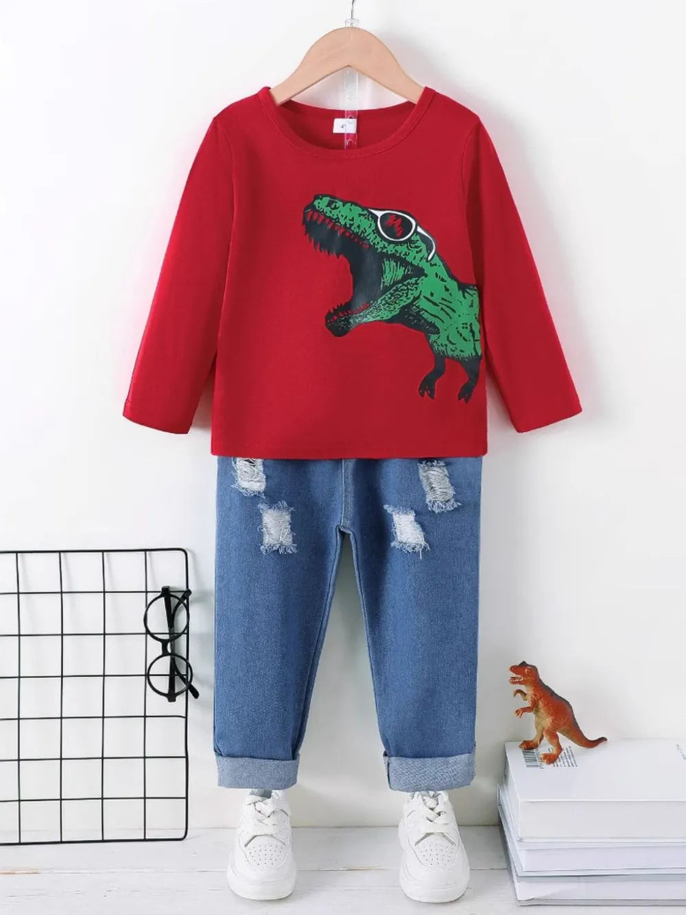 dinosaur round neck long sleeve top and distressed pants set — stylish clothing for kids