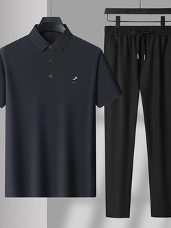 men's men's plus size button detail short sleeve polo and pants set - second view