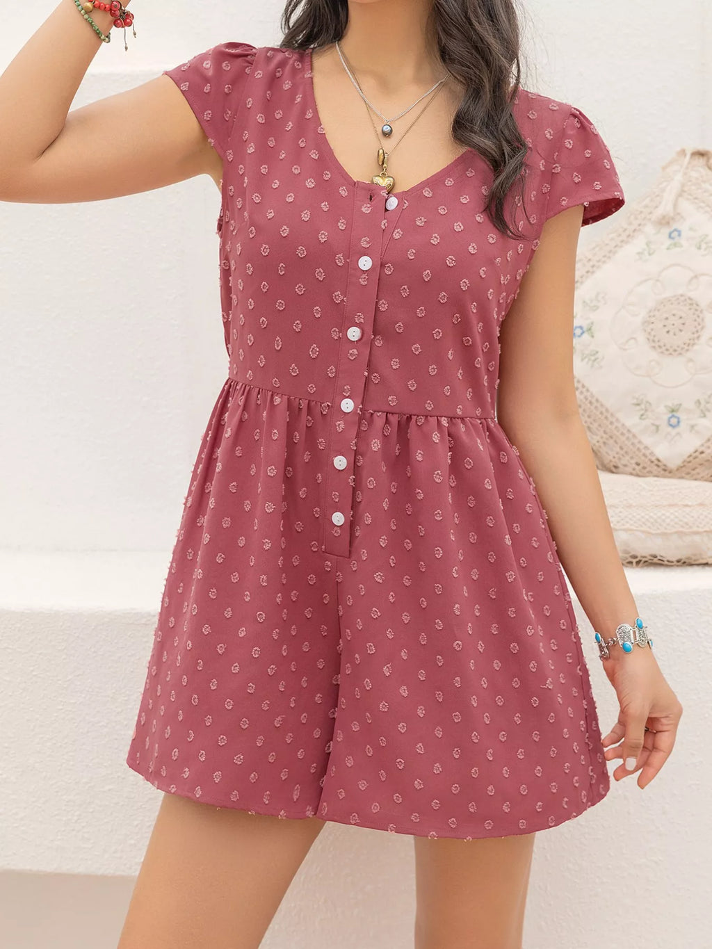 women's swiss dot cap sleeve romper - styled view