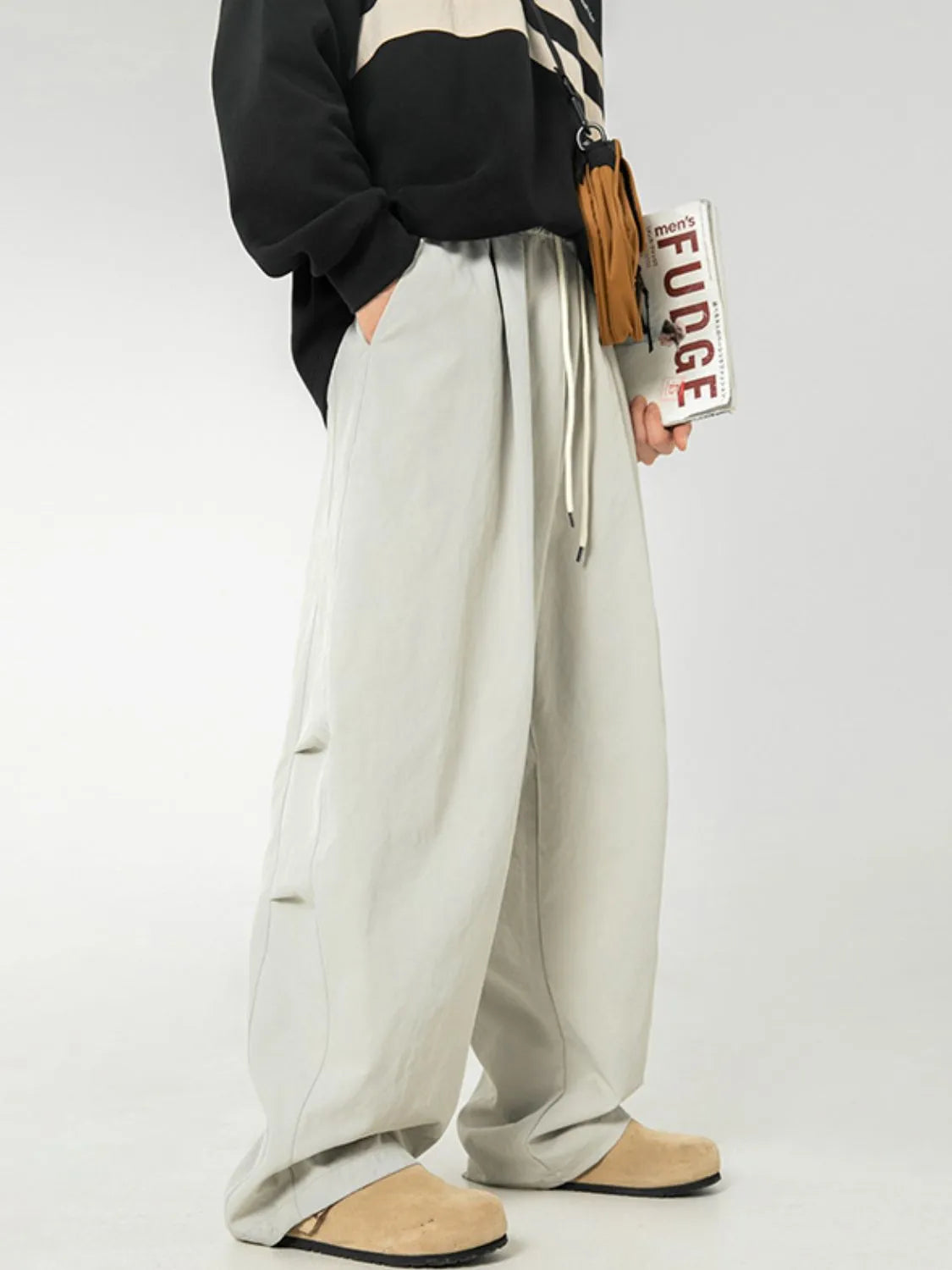 Men's Side Ruched Wide Leg Pants Light Gray