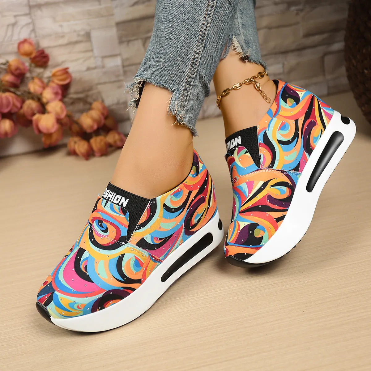 women's colorful abstract pattern platform sneakers - lifestyle shot