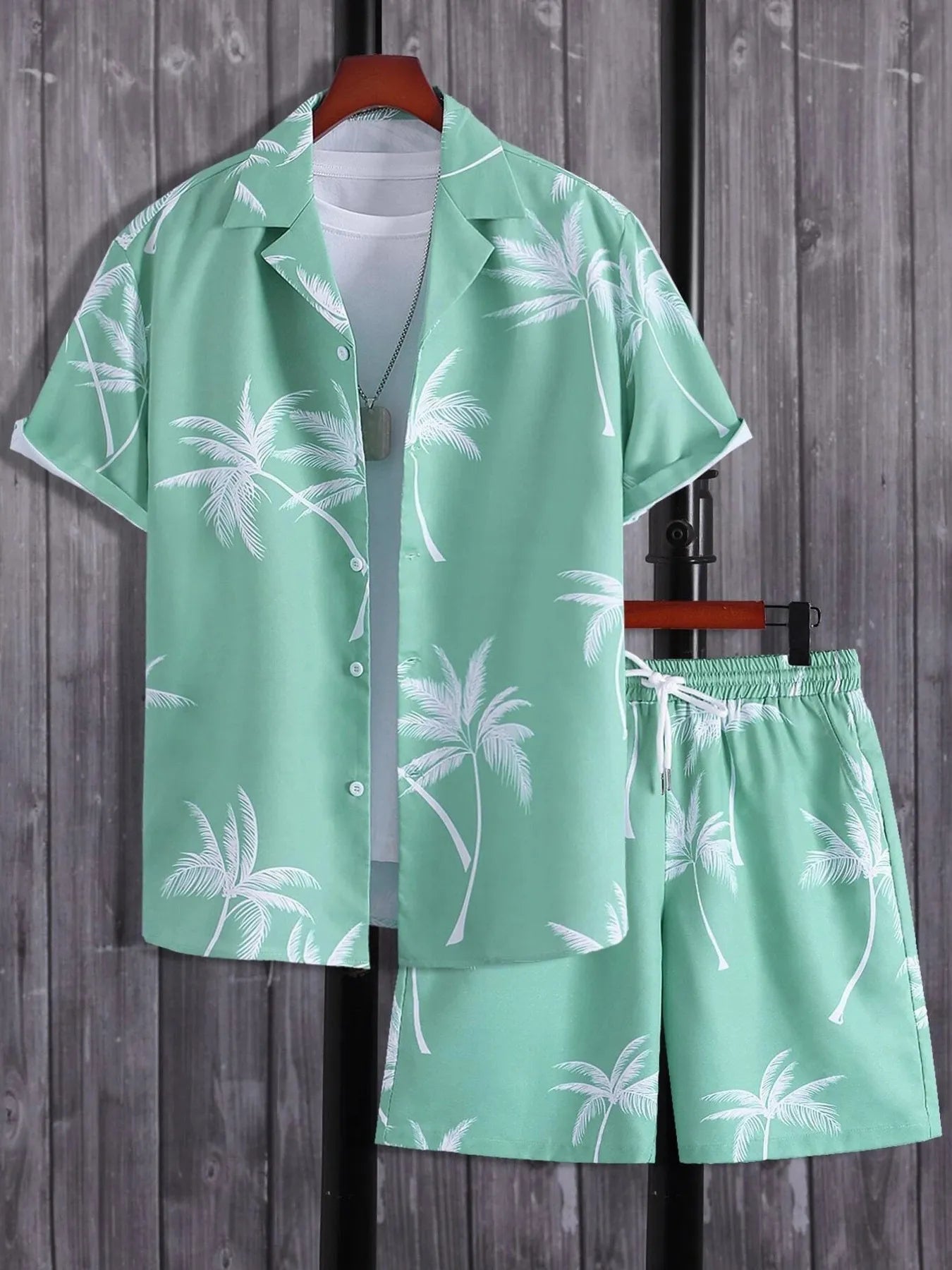 men's men's full size palm print button up shirt and shorts set plus size - product detail