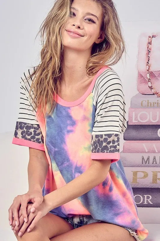 women's bibi tie dye french terry top with stripe raglan - main product image