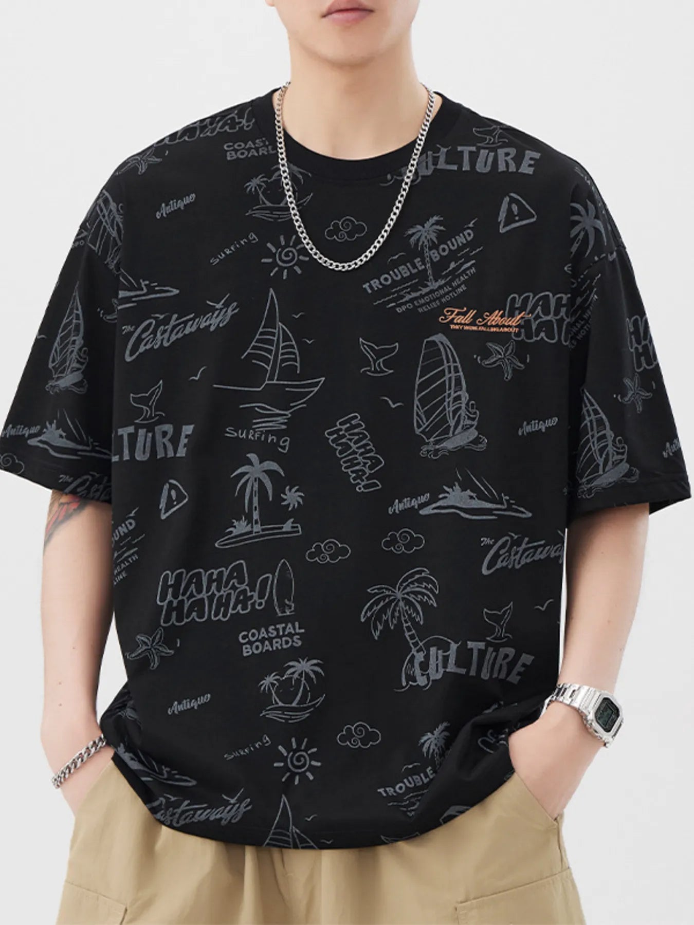 men's men's plus size printed round neck relaxed fit t-shirt - back view