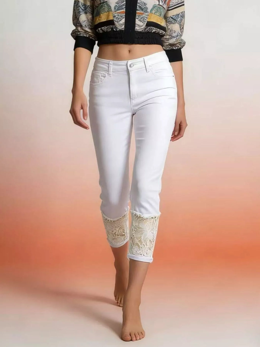 women's full size lace trimmed capri jeans plus size - styled view