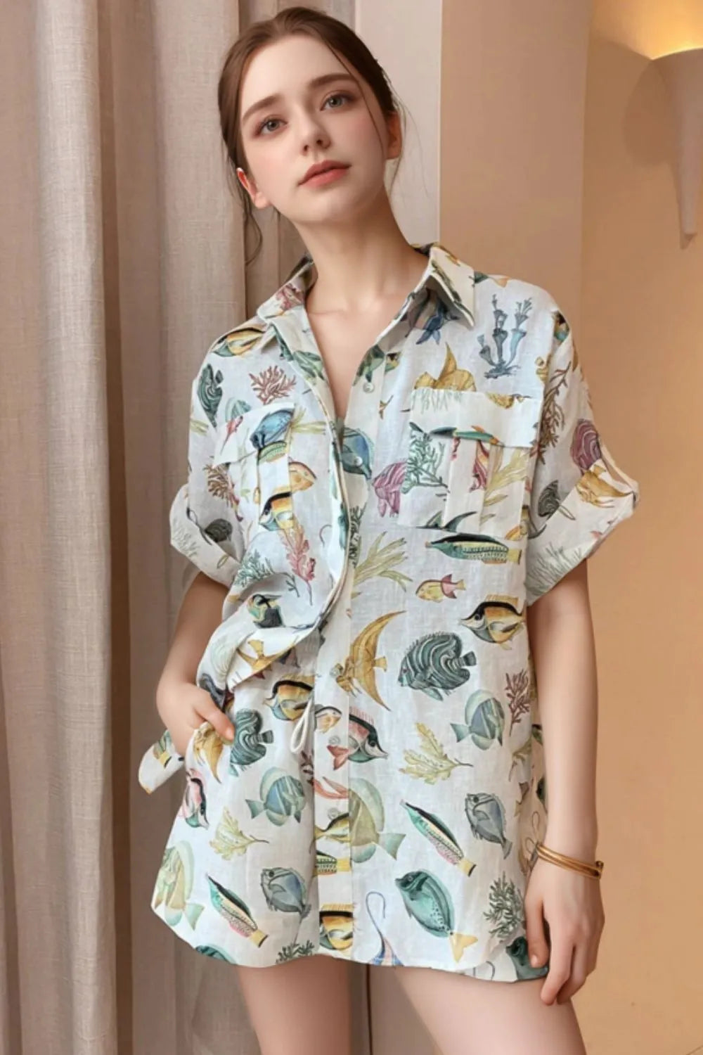 Tropical Print Oversized Button-Up Shirt and Shorts Set Beige